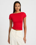 Express Women's Crepe Crew Neck Short Sleeve Draped Back Crop Top in Red Small