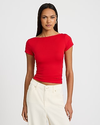 Express Women's Crepe Crew Neck Short Sleeve Draped Back Crop Top in Red Small