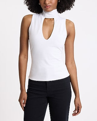 Express Women's Body Contour Stretch Cotton Mock Neck Cutout Tank Top in White