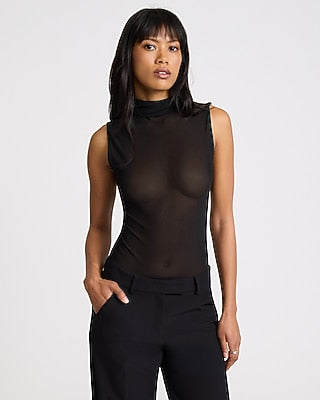 Express Women's Mesh Mock Neck Bodysuit in Pitch Black