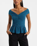 Express Women's Off The Shoulder Ruched Peplum Top in Green Small