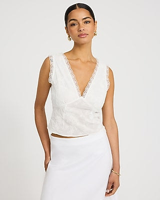 Express Women's Cotton Lace Trim V-Neck Tie Open Back Tank Top in White