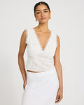 Express Women's Cotton Lace Trim V-Neck Tie Open Back Tank Top in White Small