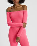 Express Women's Cozy Ribbed Off The Shoulder Crop Top in Pink Small