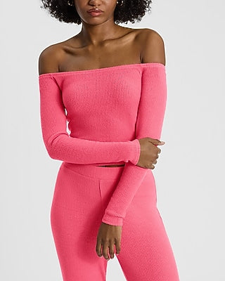 Express Women's Cozy Ribbed Off The Shoulder Crop Top in Pink Small