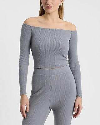 Express Women's Cozy Ribbed Off The Shoulder Crop Top in Gray Small