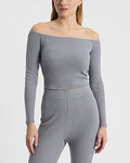 Express Women's Cozy Ribbed Off The Shoulder Crop Top in Powder Gray