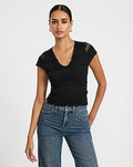 Express Women's Textured Mesh V-Neck Short Sleeve Ruffle T-Shirt in Black Small