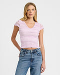 Express Women's Textured Mesh V-Neck Short Sleeve Ruffle T-Shirt in Pink Small