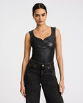 Express Women's Body Contour Faux Leather Sweetheart Sleeveless Bodysuit in Pitch Black