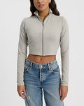 Express Women's Body Contour Stretch Cotton Mock Neck Front Zip Crop Long Sleeve Top in Sterling Silver