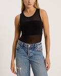 Express Women's Fitted Mesh Pieced Crew Neck Sleeveless Bodysuit in Pitch Black