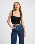 Express Women's Mesh Square Neck Ruched Crop Top in Black Small