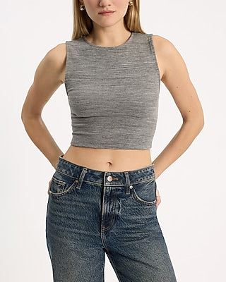 Express Women's Body Contour Cozy Crew Neck Crop Top in Gray Small