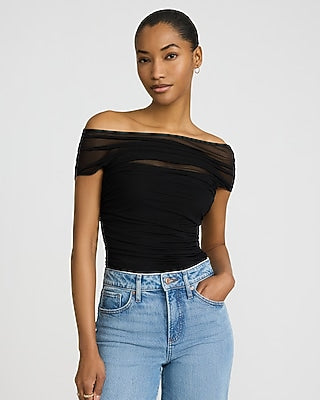 Express Women's Mesh Off The Shoulder Ruched Bodysuit in Pitch Black