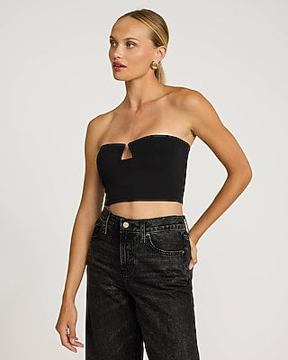 Express Women's Body Contour High Compression V-Wire Crop Tube Top in Pitch Black