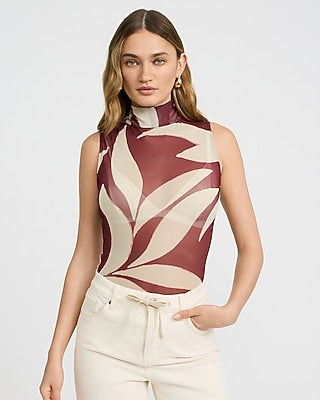 Express Women's Mesh Printed Mock Neck Sleeveless Bodysuit in Multi