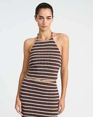 Express Women's Crochet Striped Tie Halter Tank Top in Brown Small