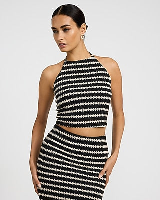 Express Women's Crochet Striped Tie Halter Tank Top in Black Small