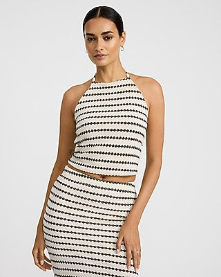 Express Women's Crochet Striped Tie Halter Tank Top in Cream