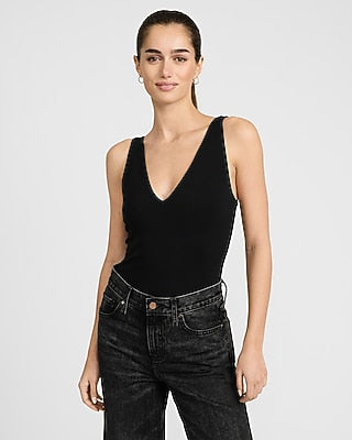 Express Women's Body Contour Light Compression Stretch Cotton V-Neck Sleeveless Bodysuit in Black Small