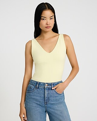 Express Women's Body Contour Light Compression Stretch Cotton V-Neck Sleeveless Bodysuit in Yellow Small