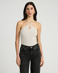 Express Women's Ribbed Halter Keyhole Sleeveless Bodysuit in Warm Ivory