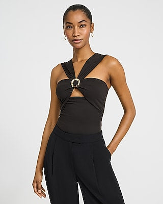 Express Women's Halter Hardware Cutout Sleeveless Bodysuit in Black Small