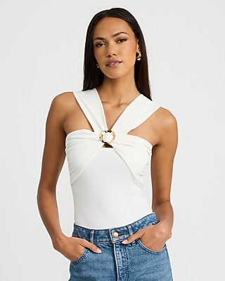 Express Women's Halter Hardware Cutout Sleeveless Bodysuit in White Small