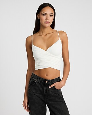 Express Women's Mesh V-Neck Ruched Surplice Crop Top in Ivory