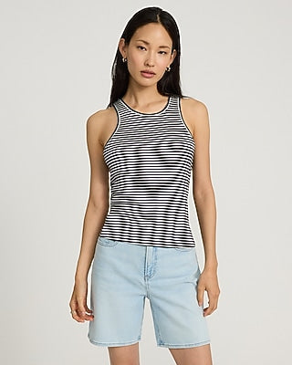 Express Women's Striped Fitted Ribbed High Neck Tank Top in Black And White Stripe