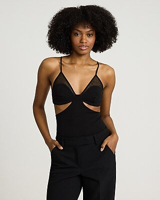 Express Women's Studio Stretch Crepe Mesh Pieced V-Neck Sleeveless Cutout Bodysuit in Pitch Black