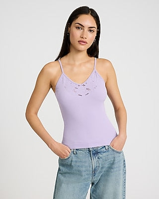 Express Women's Body Contour Seamless Ribbed V-Neck Lace Cami in Light Purple