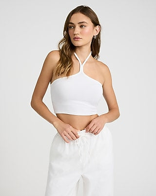 Express Women's Fitted Ribbed Halter Crop Top in White