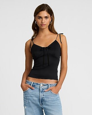 Express Women's Studio Stretch Crepe V-Neck Tie Strap Bow Cami in Black Small