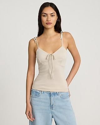 Express Women's Studio Stretch Crepe V-Neck Tie Strap Bow Cami in Warm Ivory