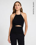 Express Women's Studio Stretch Crepe Halter Front Cutout Tank Top in Pitch Black