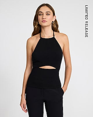 Express Women's Studio Stretch Crepe Halter Front Cutout Tank Top in Pitch Black