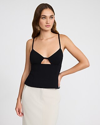 Express Women's Studio Stretch Crepe V-Neck Cutout Cami in Pitch Black
