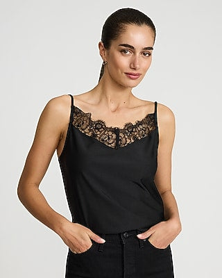 Express Women's Satin Lace Trim V-Neck Cami in Pitch Black