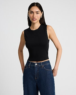 Express Women's Fitted Ribbed Crew Neck Tank Top in Pitch Black