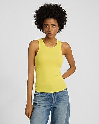 Express Women's Fitted Ribbed High Neck Tank Top in Lemon