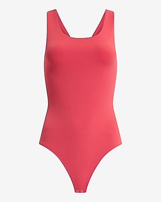 Express Women's Body Contour High Compression Strappy Open Back Bodysuit in Hot Coral