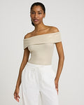 Express Women's Shine Fitted Ribbed Off The Shoulder Overlay Top in Warm Ivory