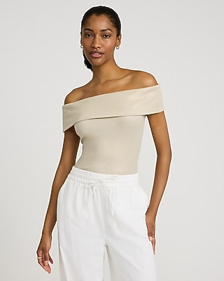 Express Women's Shine Fitted Ribbed Off The Shoulder Overlay Top in Warm Ivory