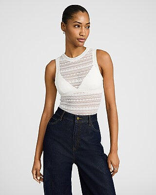 Express Women's Sheer Lace Crew Neck Sleeveless Bodysuit in Ivory