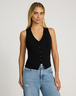 Express Women's Ribbed Button Front Knit Vest in Pitch Black