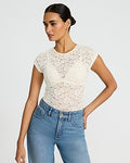 Express Women's Sheer Lace Crew Neck Cap Sleeve Bodysuit in Ivory