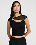 Express Women's Hardware Mesh Crossover Cap Sleeve T-Shirt in Black Small