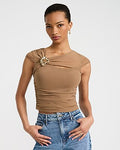 Express Women's Hardware Mesh Crossover Cap Sleeve T-Shirt in Brown Small